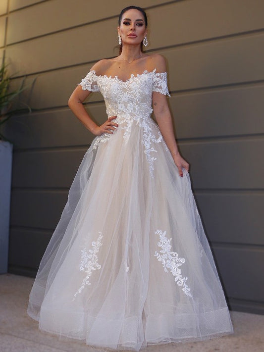 A-Line/Princess Tulle Off-the-Shoulder Short Sleeves Applique Floor-Length Wedding Dresses HEP0005907