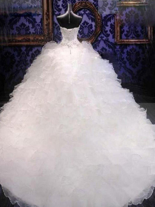 Ball Gown Sleeveless Sweetheart Chapel Train Beading Sequin Organza Wedding Dresses HEP0005896