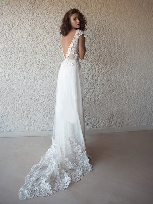 A-Line/Princess Tulle Applique V-neck Sleeveless Sweep/Brush Train Wedding Dresses HEP0006481
