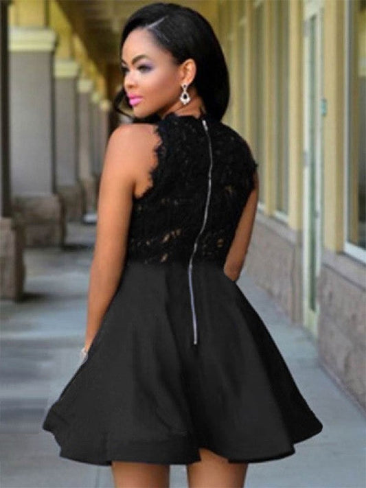 A-Line Lace Homecoming Dresses Satin Madelyn Jewel Cut Short With Black