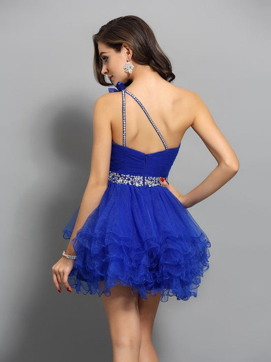 A-Line/Princess Sherry Cocktail Homecoming Dresses One-Shoulder Beading Sleeveless Short Organza Dresses