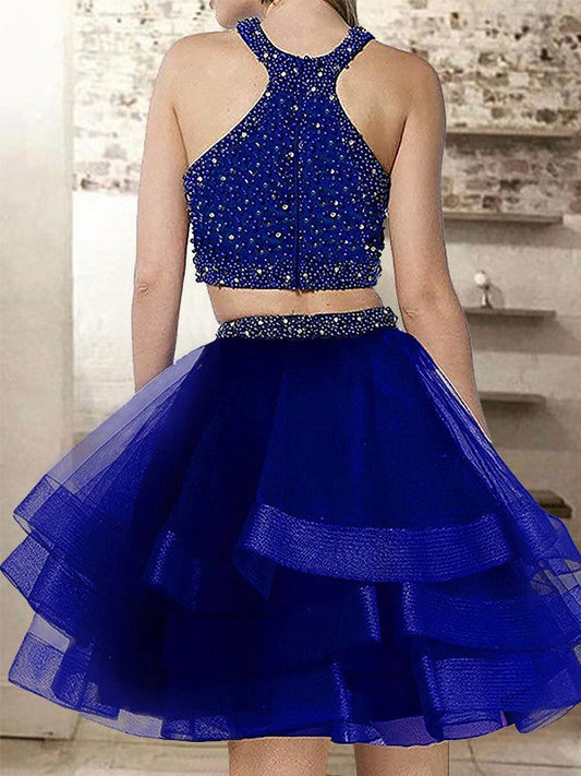 A-Line Homecoming Dresses Raquel Halter Cut Short With Beading Organza Blue