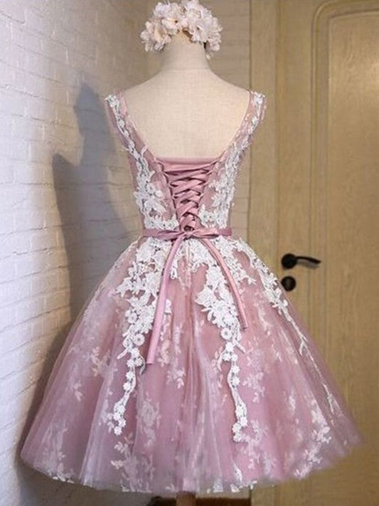 A-Line/Princess Sleeveless Scoop Tulle Applique Short/Mini Dresses Lindsay Homecoming Dresses