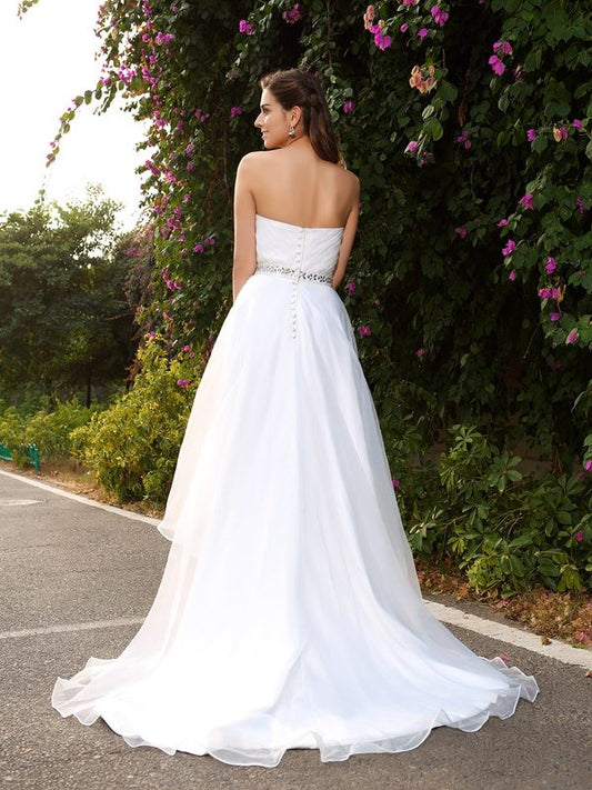 A-Line/Princess Sweetheart Beading Sleeveless High Low Organza Wedding Dresses HEP0006280