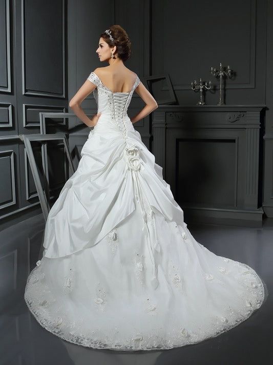 Ball Gown Off-the-Shoulder Hand-Made Flower Sleeveless Long Satin Wedding Dresses HEP0006478