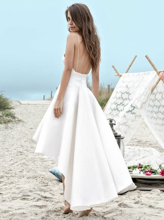 A-Line/Princess Satin Ruched Sleeveless Spaghetti Straps Asymmetrical Wedding Dresses HEP0006281