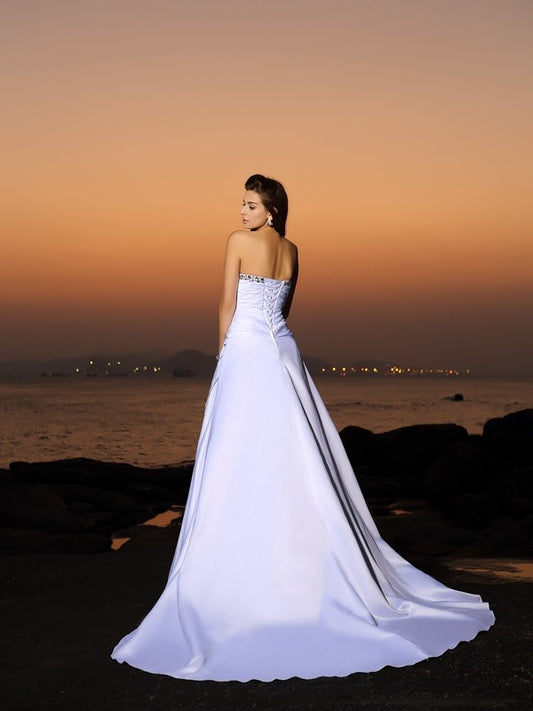 A-Line/Princess Strapless Beading Sleeveless Long Satin Beach Wedding Dresses HEP0006291