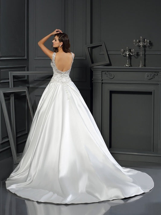 Ball Gown Scoop Applique Sleeveless Long Satin Wedding Dresses HEP0006457