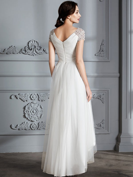 A-Line/Princess V-neck Short Sleeves Asymmetrical Tulle Wedding Dresses HEP0006307