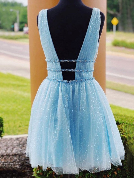Homecoming Dresses Valery A-Line/Princess Tulle Beading V-Neck Sleeveless Short/Mini