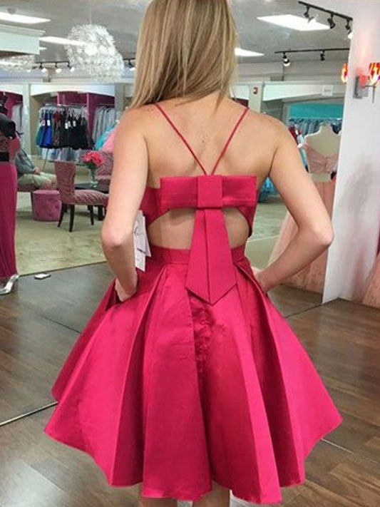 A-Line/Princess Bowknot Spaghetti Isabel Homecoming Dresses Satin Straps Sleeveless Short/Mini Dresses