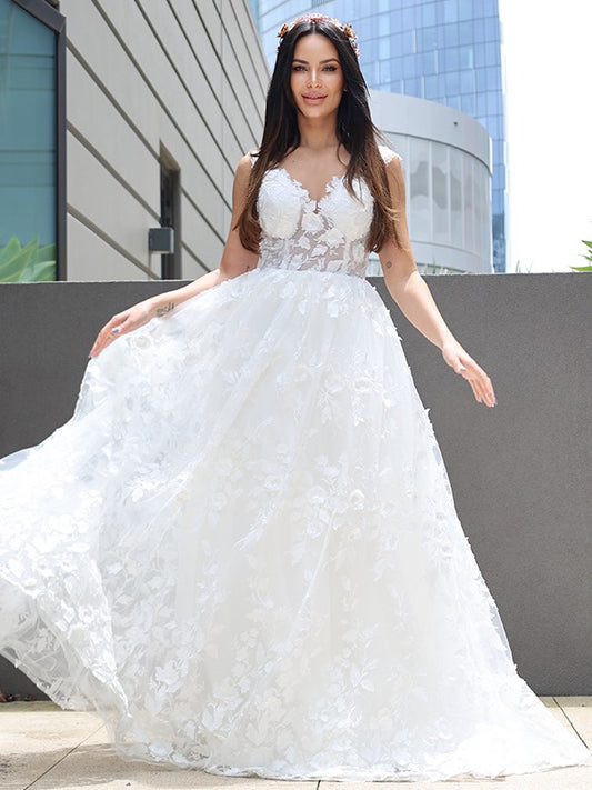 A-Line/Princess Tulle Applique V-neck Sleeveless Floor-Length Wedding Dresses HEP0006313