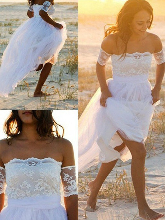 A-Line/Princess Chiffon Sleeveless Off-the-Shoulder Lace Floor-Length Wedding Dresses HEP0006276