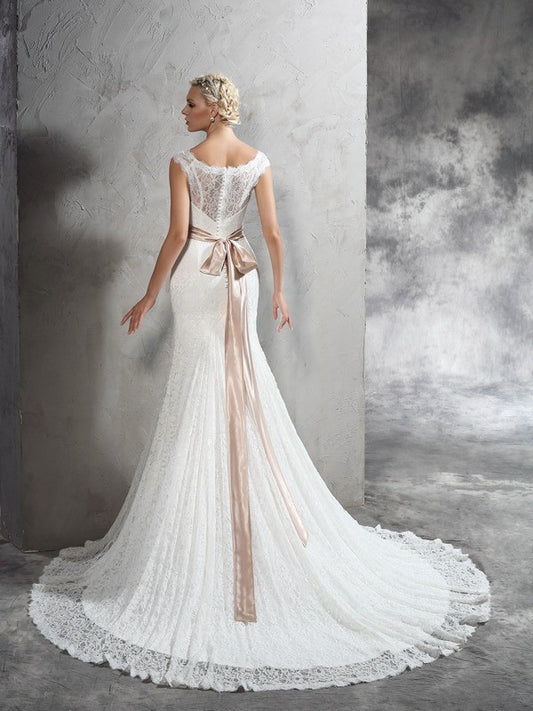 Sheath/Column Sheer Neck Sash/Ribbon/Belt Sleeveless Long Lace Wedding Dresses HEP0006482