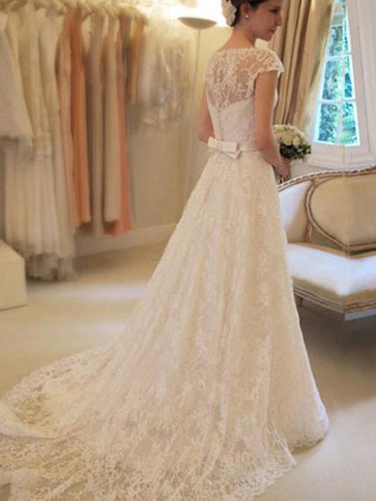A-Line/Princess Sash/Ribbon/Belt Short Sleeves Square Court Train Applique Lace Wedding Dresses HEP0006475