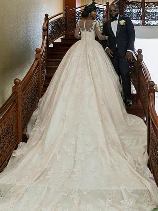 Ball Gown Bateau Long Sleeves Sweep/Brush Train Applique Satin Wedding Dresses HEP0006453