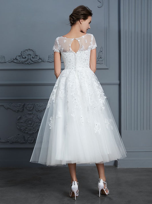 A-Line/Princess Scoop Short Sleeves Tea-Length Beading Tulle Wedding Dresses HEP0006474