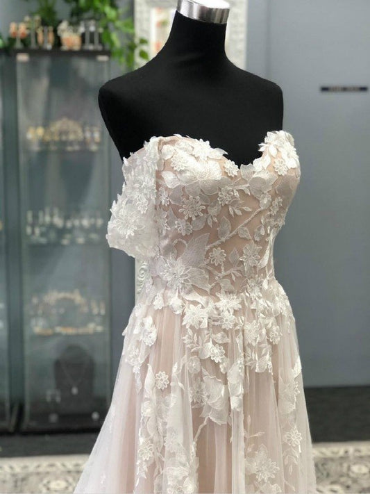 A-Line/Princess Off-the-Shoulder Tulle Applique Sleeveless Sweep/Brush Train Wedding Dresses HEP0005895