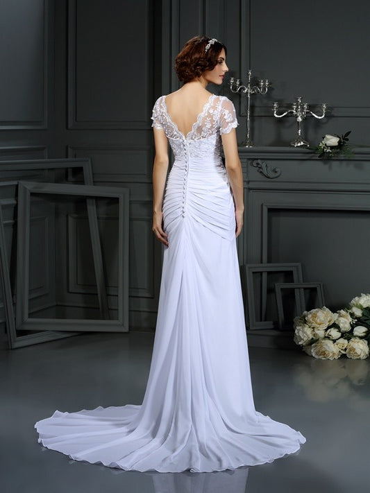 Sheath/Column V-neck Lace Short Sleeves Long Chiffon Wedding Dresses HEP0006494