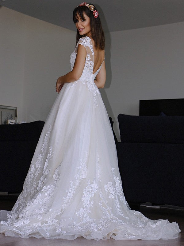 A-Line/Princess Tulle Applique V-neck Sleeveless Court Train Wedding Dresses HEP0006412