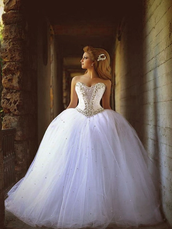 Ball Gown Sleeveless Court Train Beading Sweetheart Tulle Wedding Dresses HEP0006332