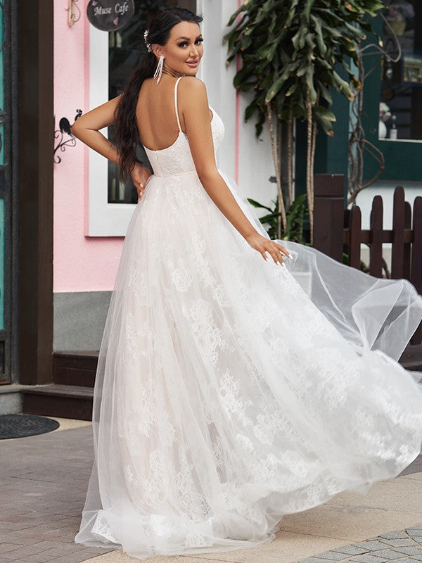 A-Line/Princess Lace Ruffles Spaghetti Straps Sleeveless Sweep/Brush Train Wedding Dresses HEP0006402