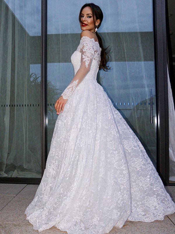 Ball Gown Bateau Long Sleeves Lace Floor-Length Wedding Dresses HEP0006346