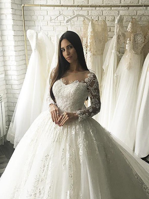 Ball Gown Tulle Scoop Long Sleeves Applique Court Train Wedding Dresses HEP0006337