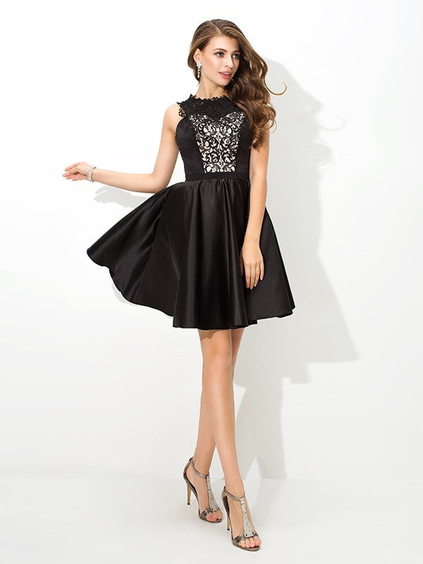 A-Line/Princess Siena Homecoming Dresses Lace Cocktail Satin Scoop Sleeveless Short Dresses