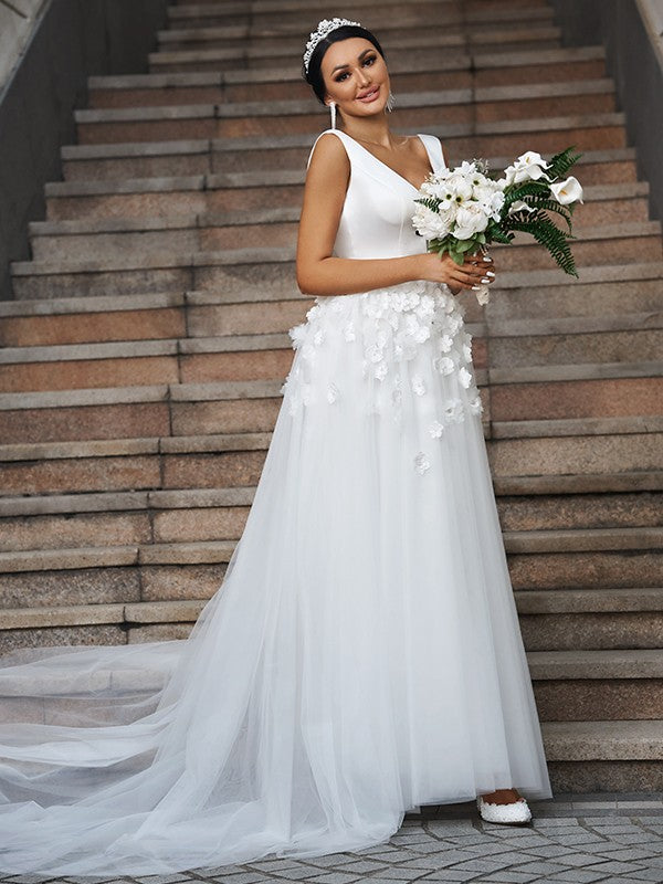 A-Line/Princess Tulle Applique V-neck Sleeveless Sweep/Brush Train Wedding Dresses HEP0006400