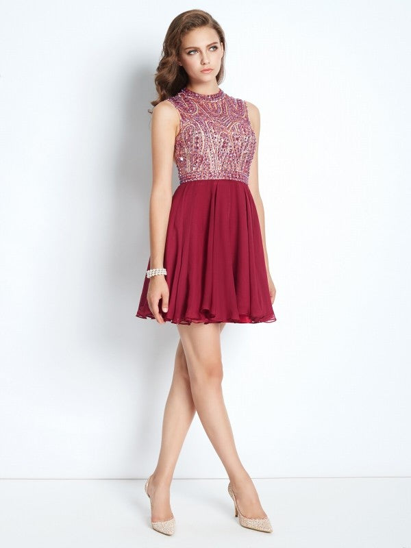 A-Line/Princess Laura Chiffon Homecoming Dresses Jewel Sleeveless Beading Short/Mini Dresses