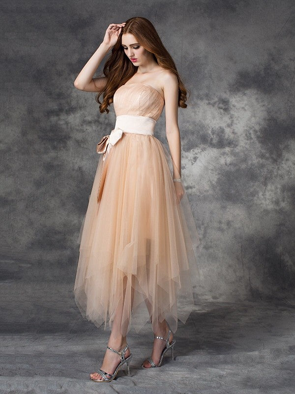 A-line/Princess Strapless Bowknot Sleeveless Long Elastic Woven Satin Dresses HEP0008965