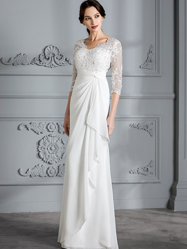 Sheath/Column V-neck 3/4 Sleeves Chiffon Floor-Length Wedding Dresses HEP0006363