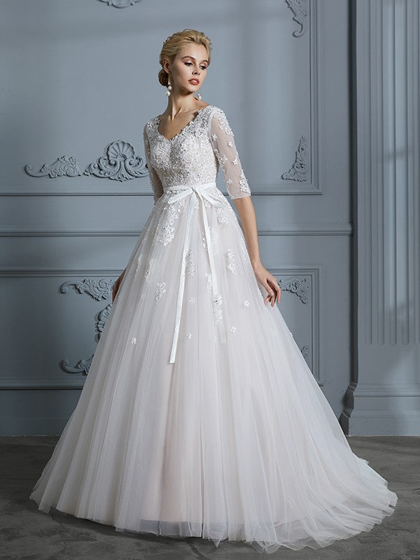 Ball Gown V-neck Court Train 1/2 Sleeves Lace Tulle Wedding Dresses HEP0006340
