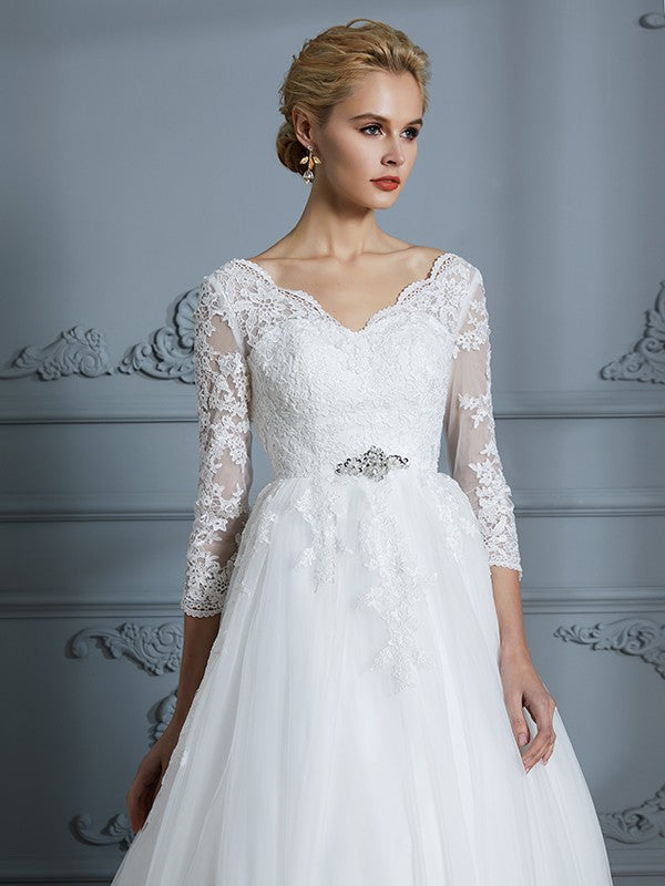 Ball Gown V-neck 3/4 Sleeves Court Train Lace Tulle Wedding Dresses HEP0006428