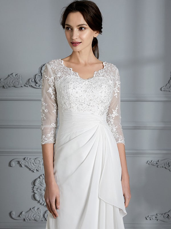 Sheath/Column V-neck 3/4 Sleeves Chiffon Floor-Length Wedding Dresses HEP0006363